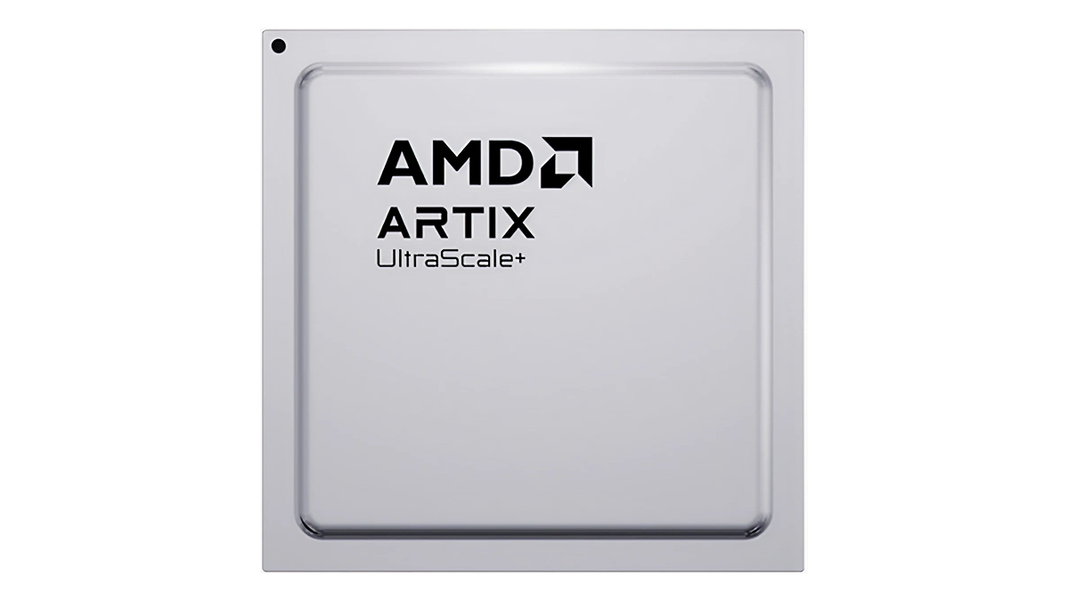 Silver AMD Artix UltraScale+ FPGA chip package with product name displayed on a black background.