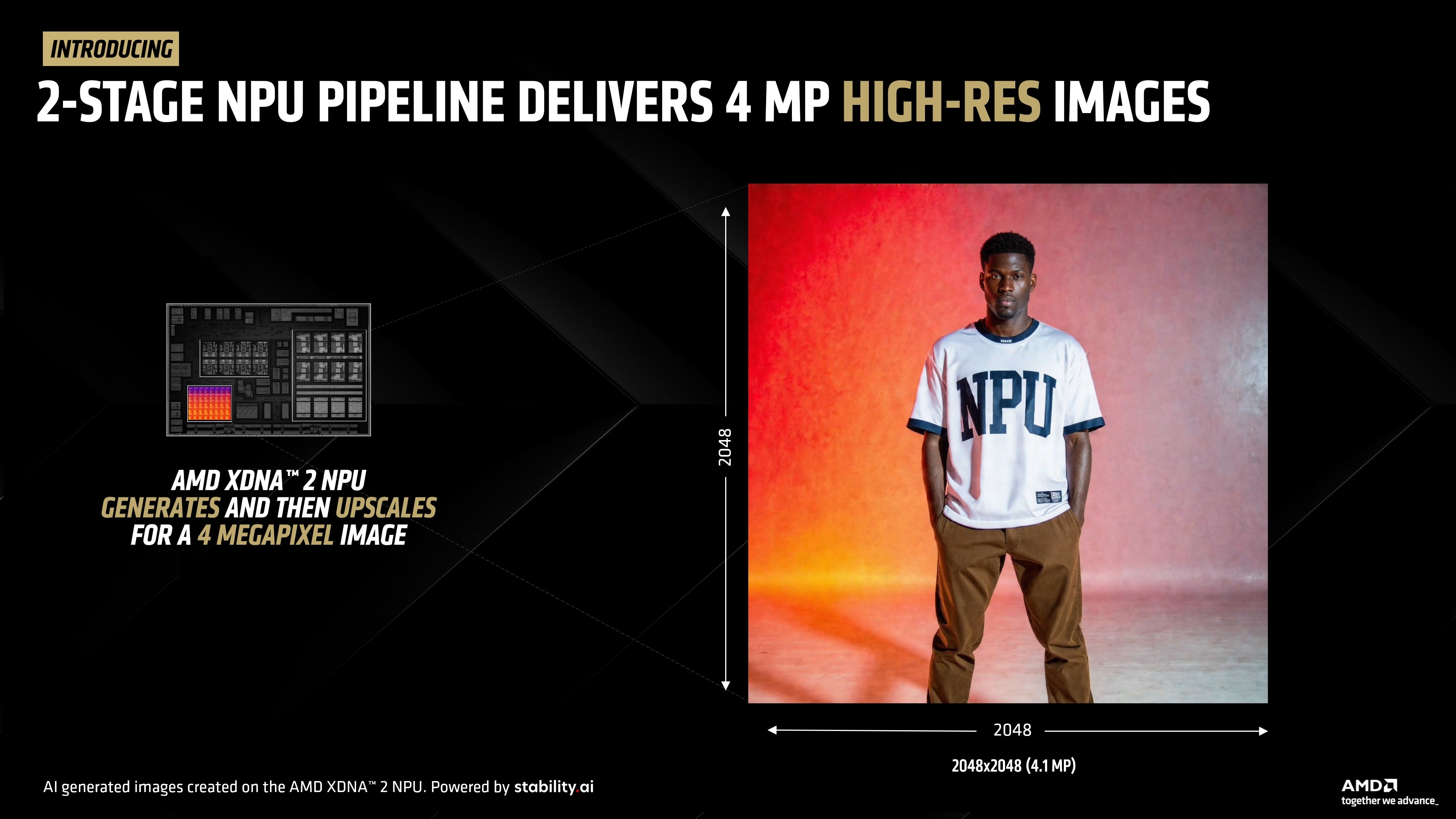 An image showcasing the NPU block diagram and describing a 2-stage NPU pipeline which generates and then upscales an image to 4 MP.