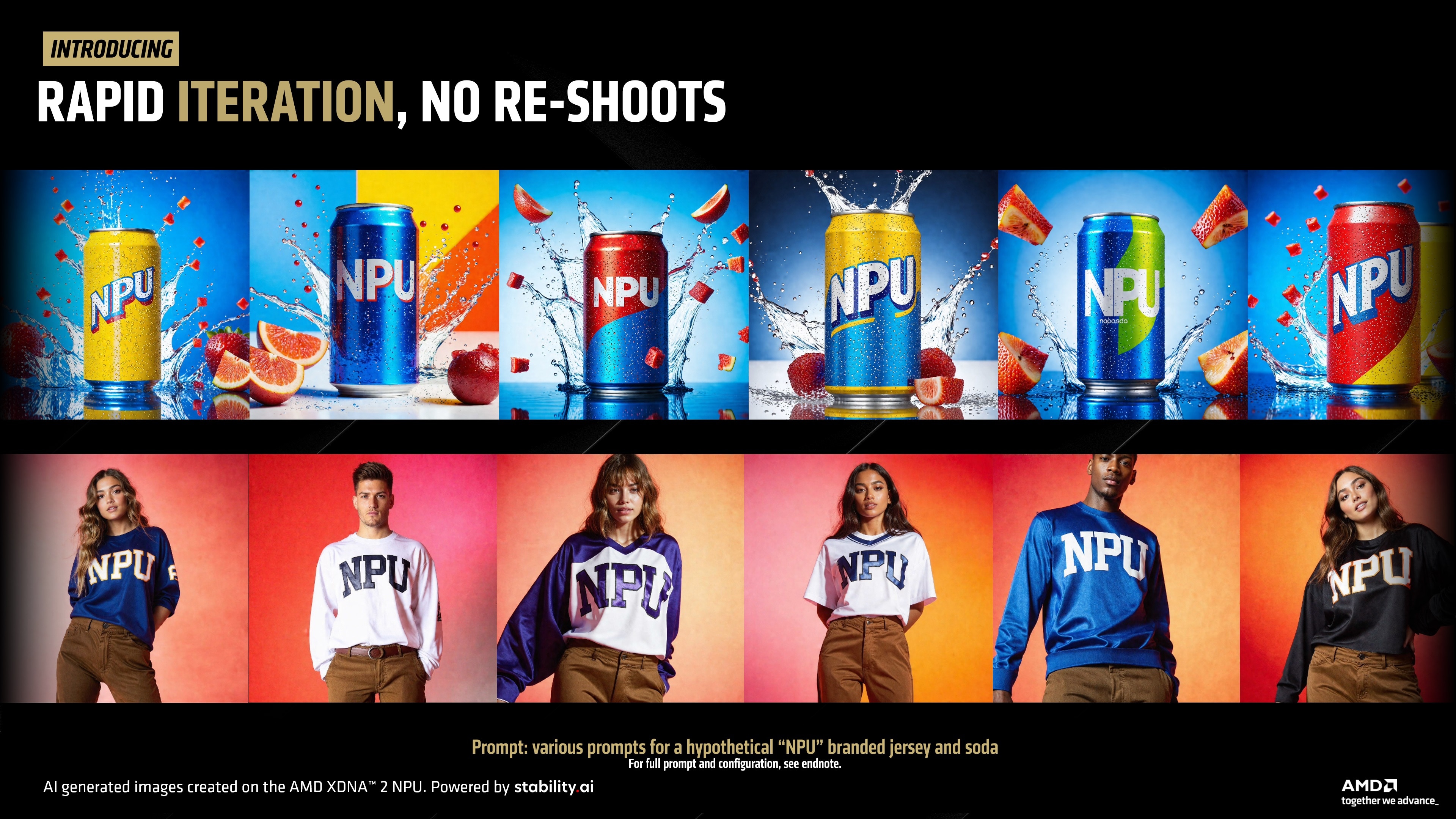 An image showcasing multiple variations of the soda pop and various people varying jerseys - all branded with a hypothetical "NPU" brand