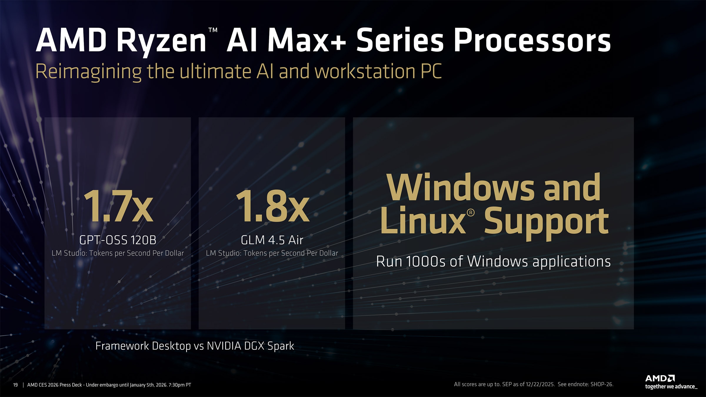 Slide showcasing tokens per second performance difference between the NVIDIA DGX Spark and AMD Ryzen AI Max