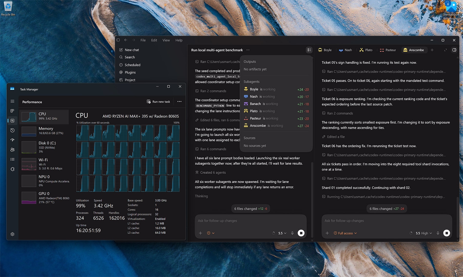 Screenshot of CODEX running on an AMD Ryzen AI Max+ with 6 parralel agents. 