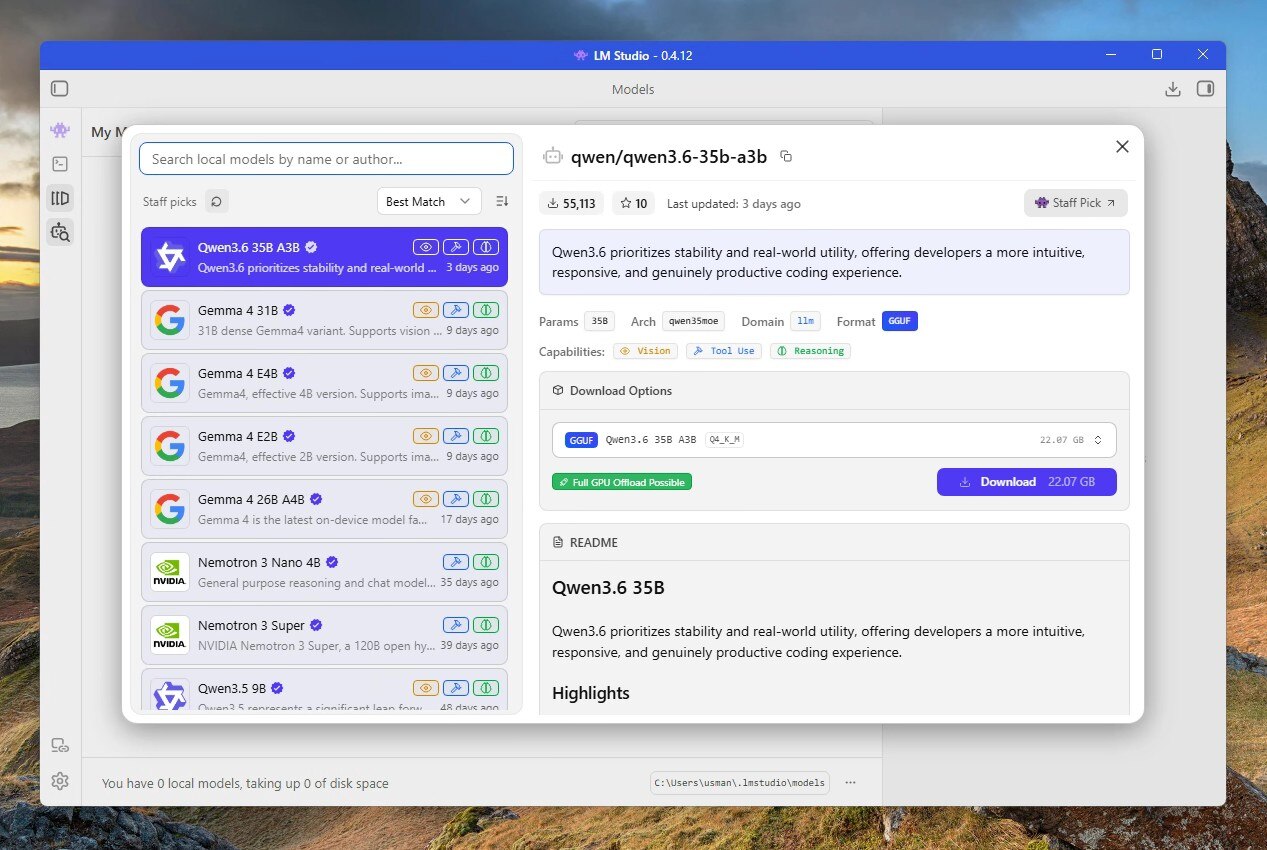 Screenshot showing LM Studio download page. 