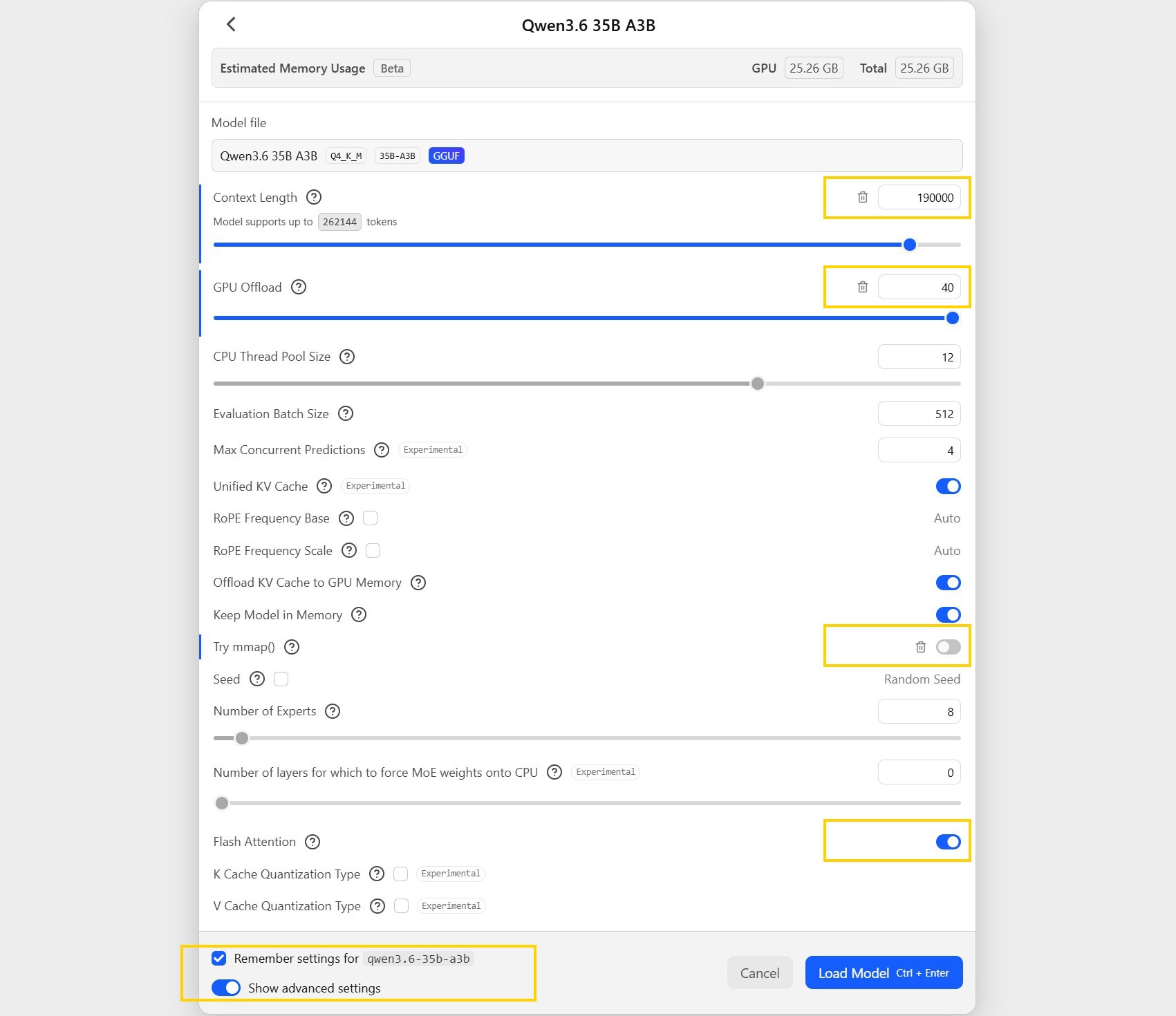 Screenshot showing model configuration for loading. 