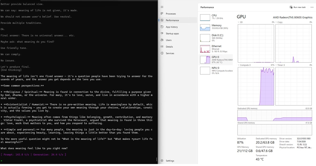 Screenshot of Meta's Muse Glimmer 30B running on an AMD Ryzen AI Max+ in llama.cpp