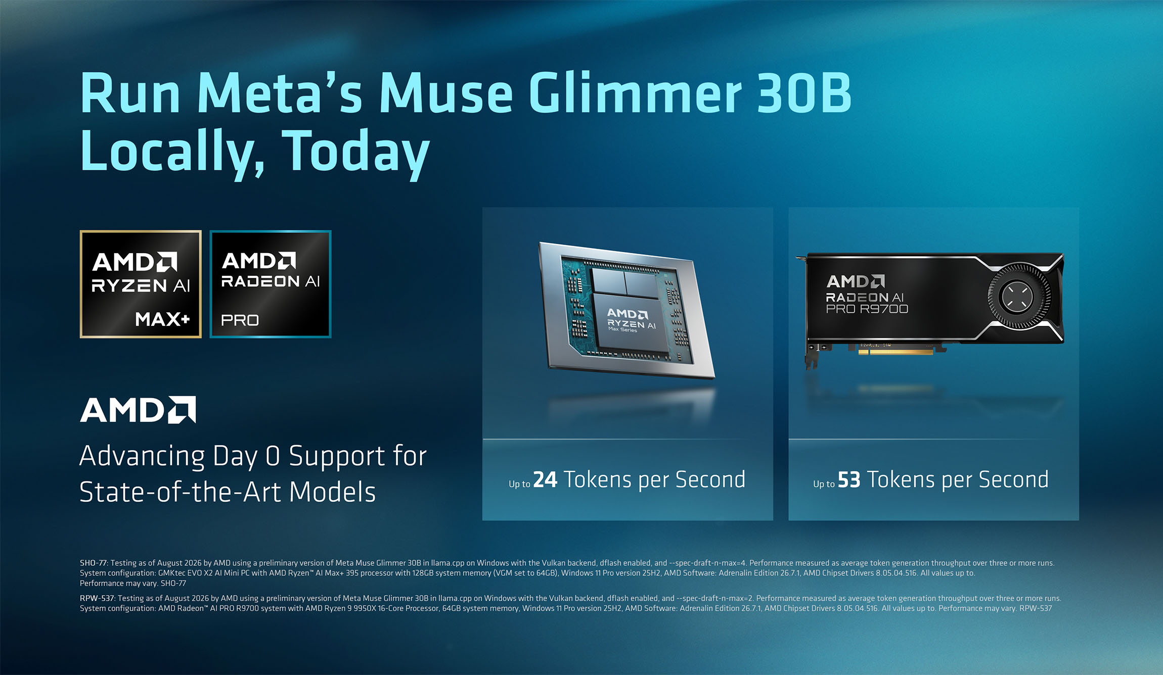 Preliminary benchmarks for Meta Muse Glimmer 30B running on AMD Ryzen AI Max+ and Radeon AI PRO R9700 