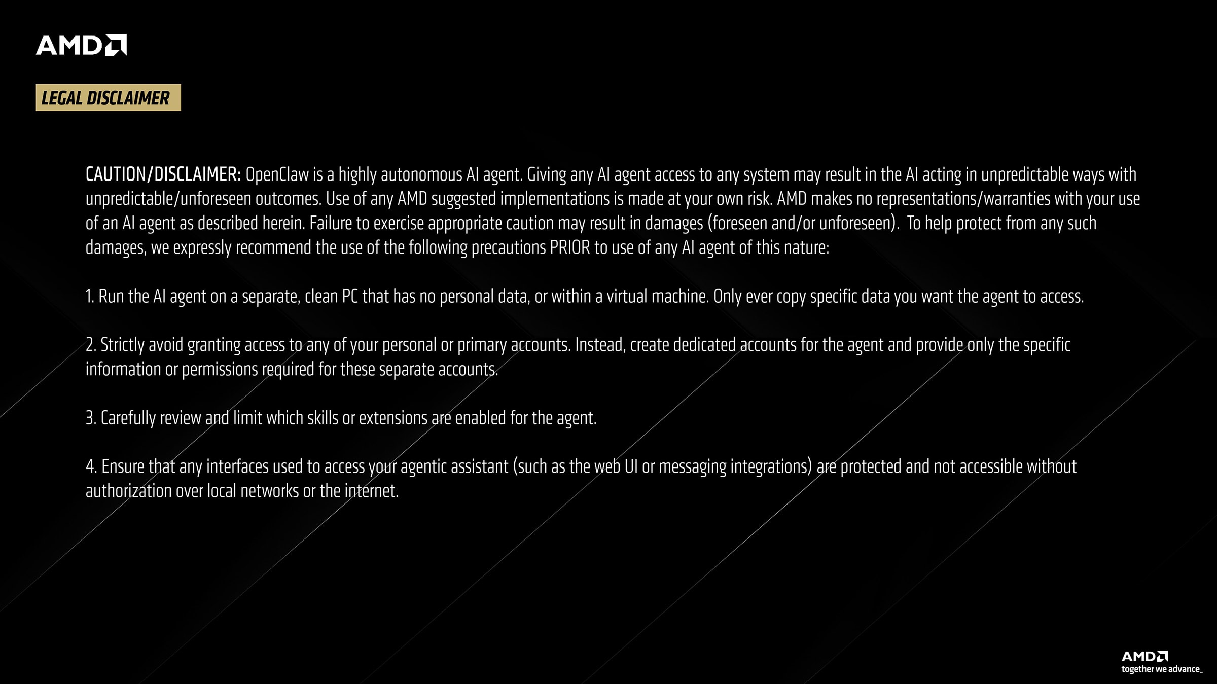 legal disclaimer citing the dangers and risks of AI agents