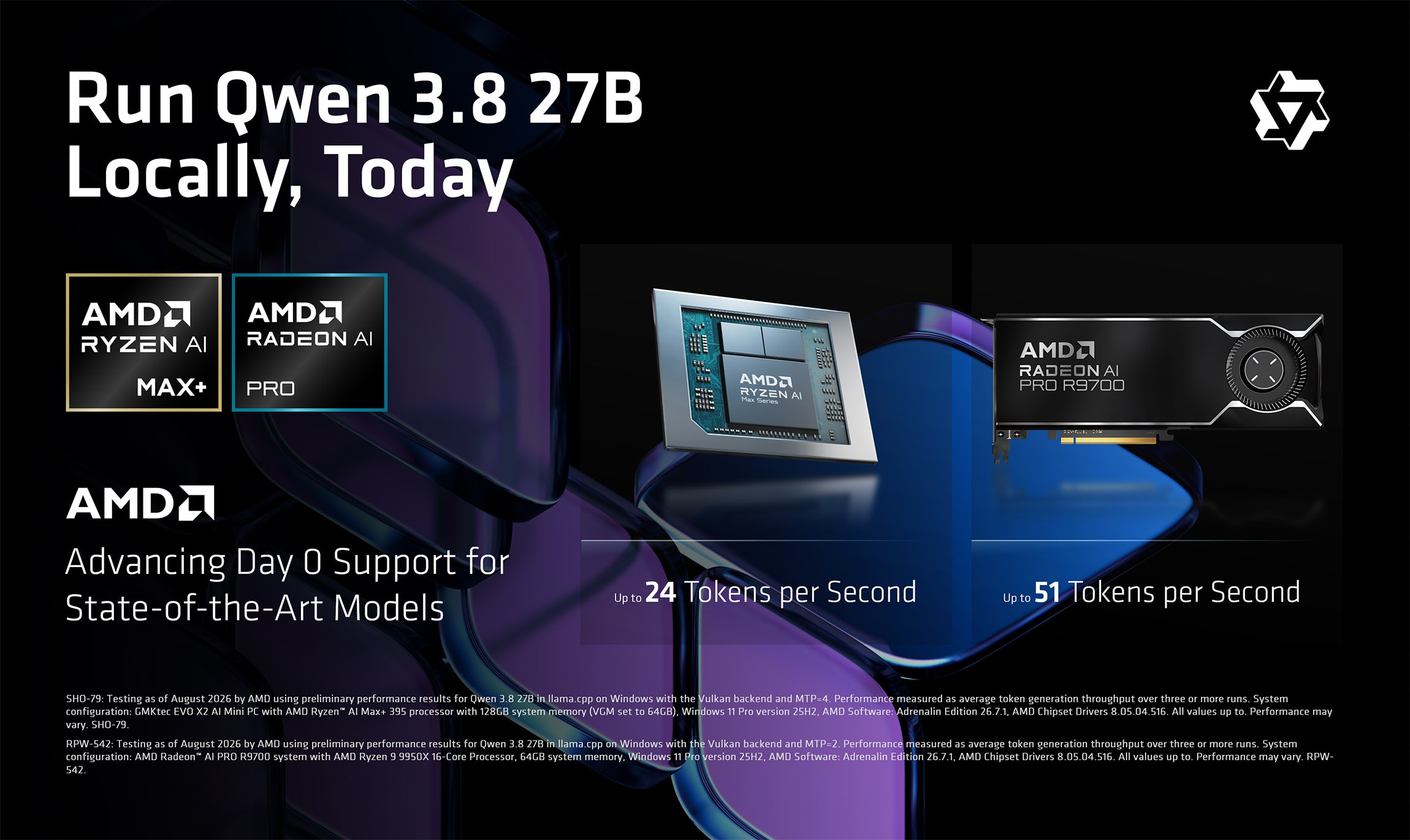 Benchmarks showcasing preliminary Qwen 3.8 27B performance on an AMD Ryzen AI Max+ and a Radeon AI Pro R9700 graphics card