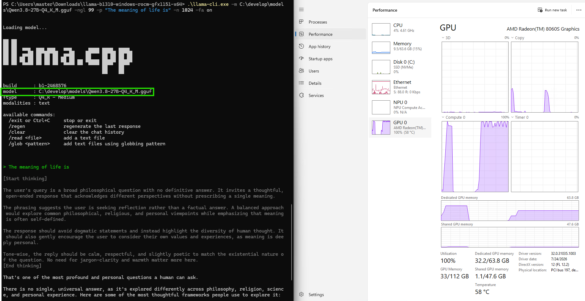 Screenshot showing Qwen3.8 27B running on an AMD Ryzen AI Max+
