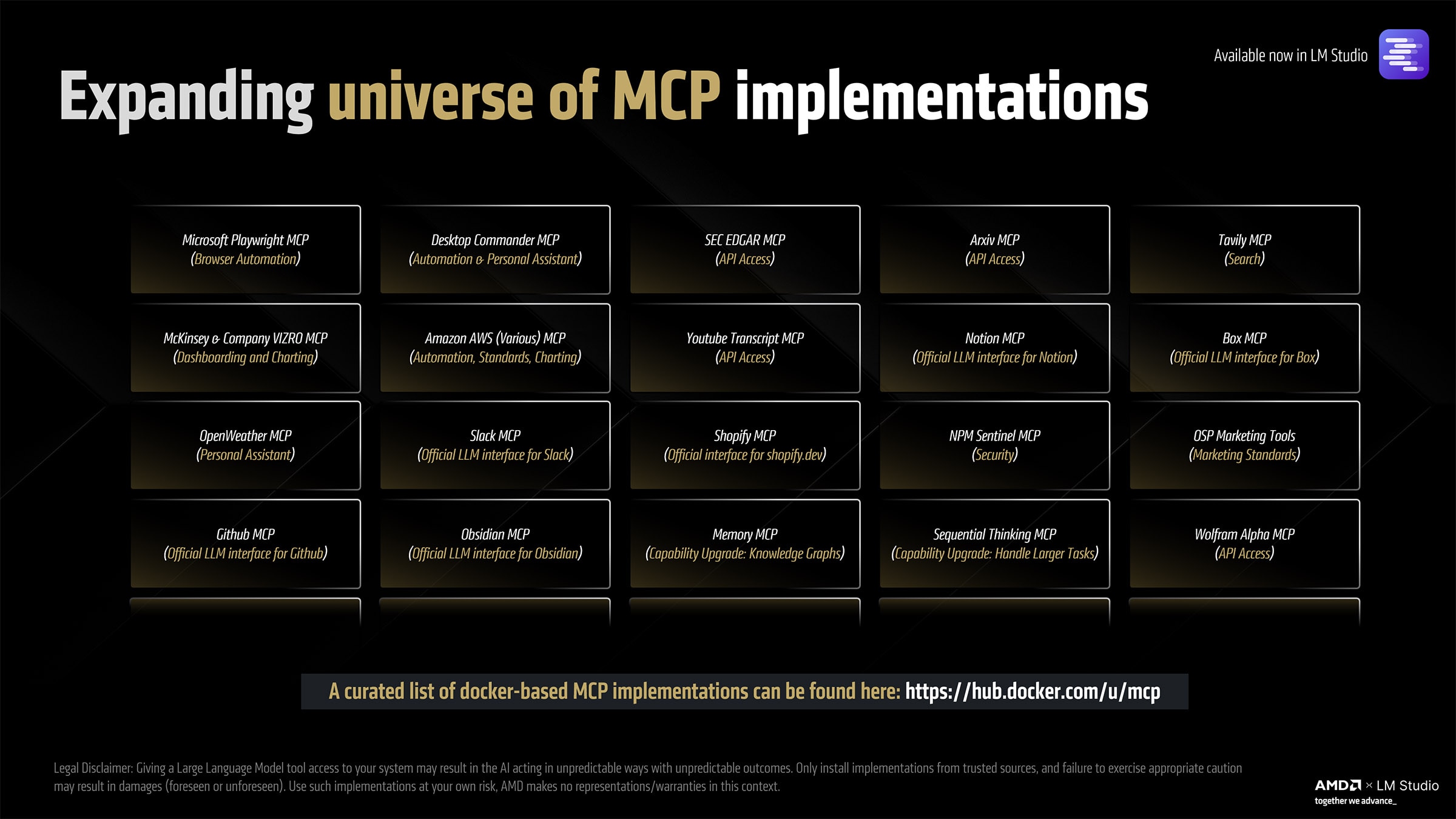 A slide showcasing various MCP implementations available through Docker.