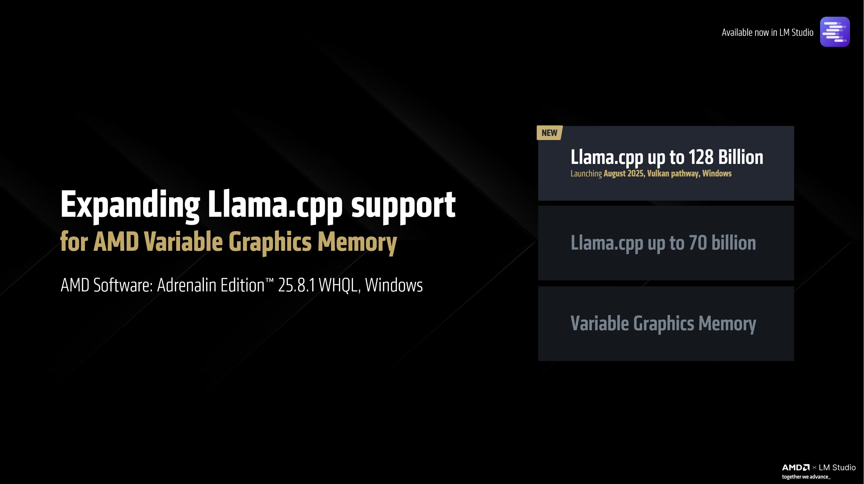 A slide showcasing expanded Vulkan llama.cpp support for Windows.