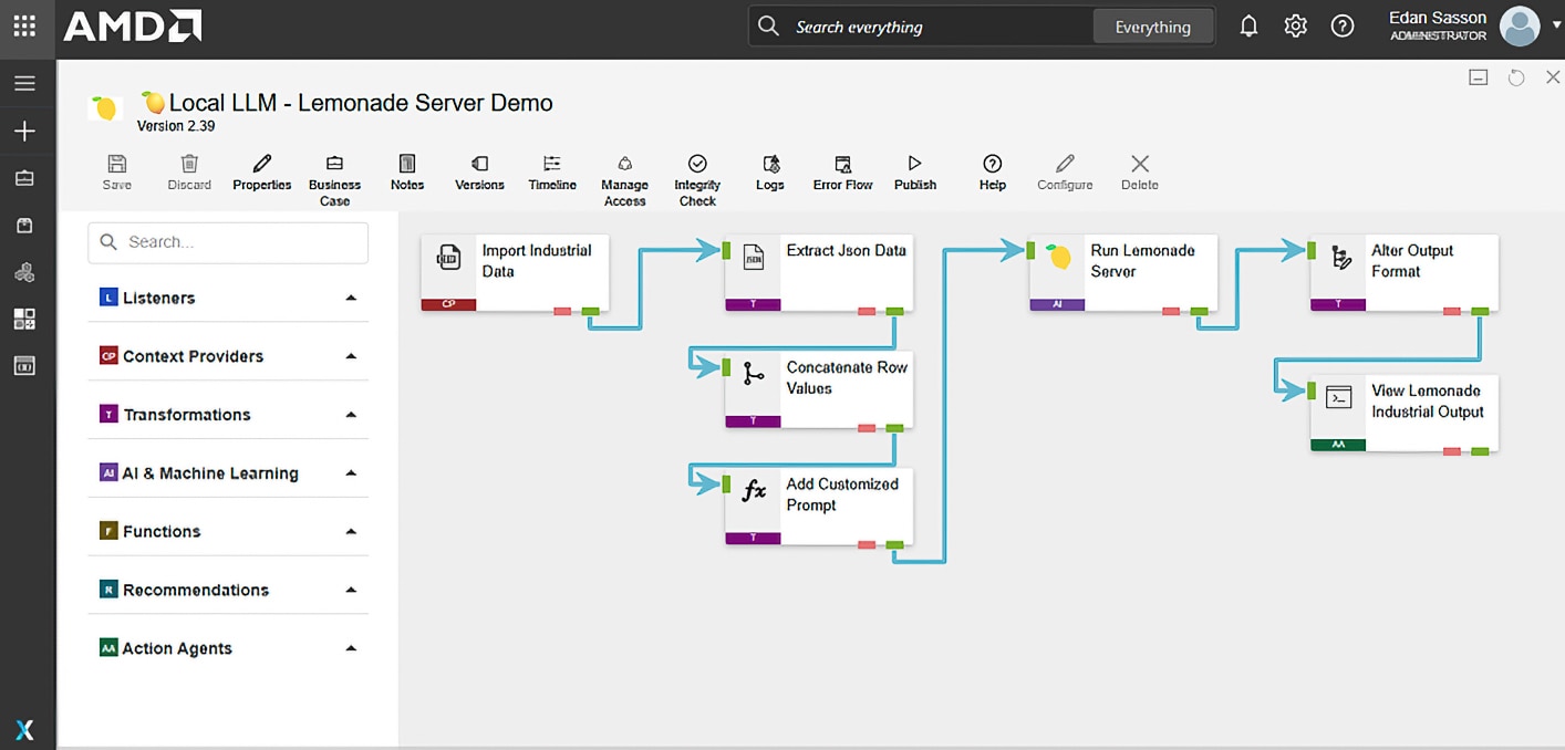 Figure 1. Demonstrating an example of how to use the newly integrated "Lemonade Server" component in XMPro. In this example, we analyze data from a pump and feed it into a local LLM running on Ryzen™ AI