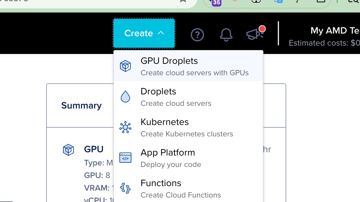 Figure 5: Selection menu “Create” in DevCloud located in the top-right website header. Use GPU Droplets to get access to AMD MI300 Instinct