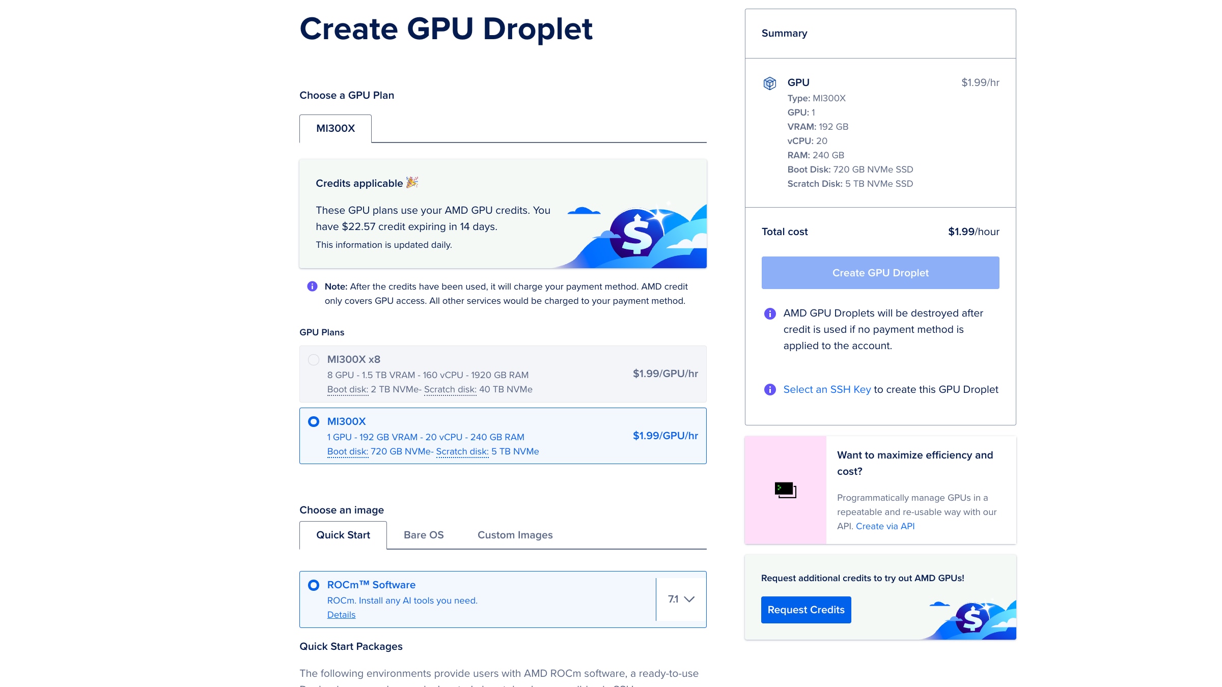 Figure 6: Screenshot of the Droplet creation menu.