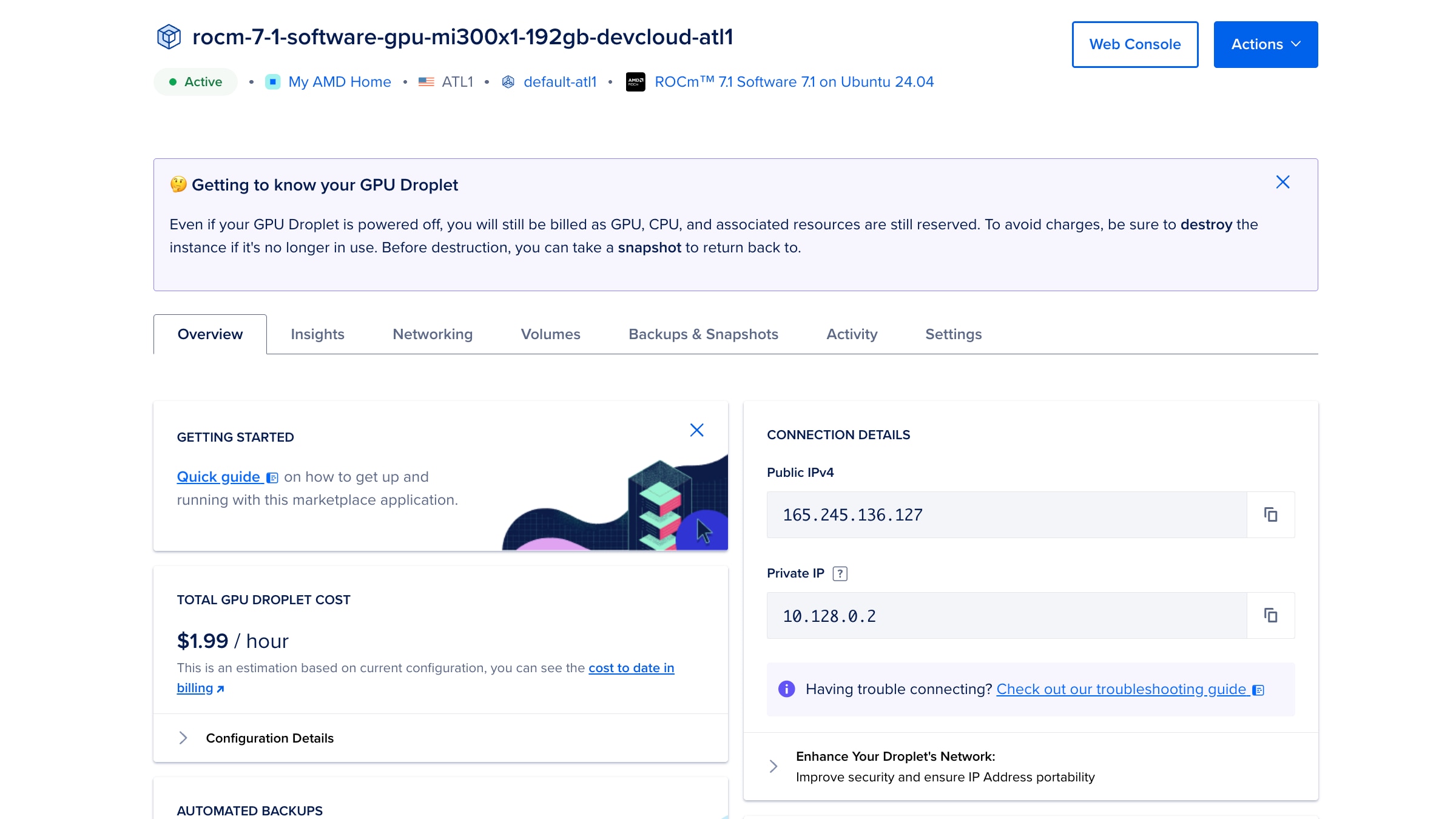 Figure 8: GPU Droplet control pane