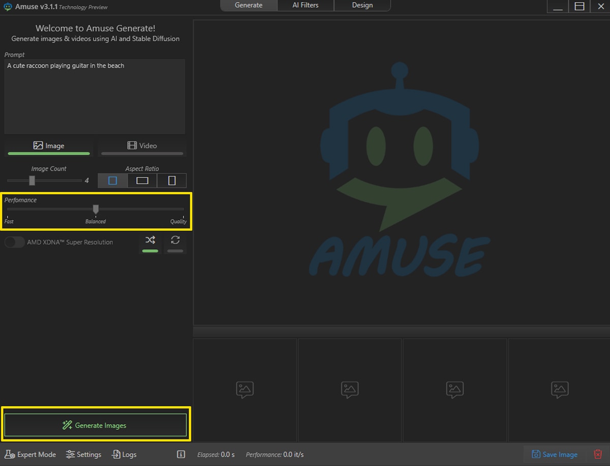 Amuse Generate v3.1.1 interface showing prompt entry, performance slider, and generate images button.