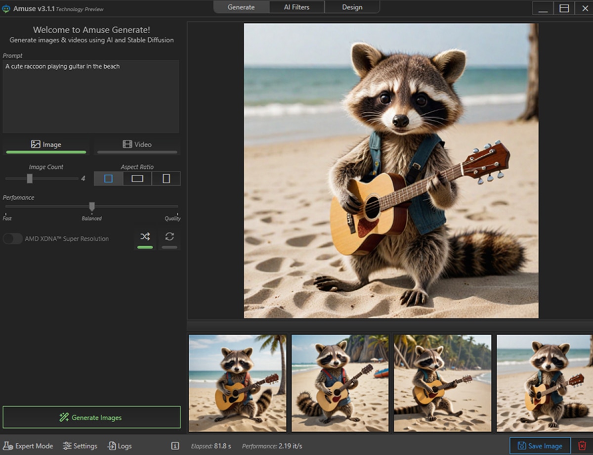 Amuse Generate UI with AI output of raccoon in denim vest playing guitar on sandy beach with ocean background.