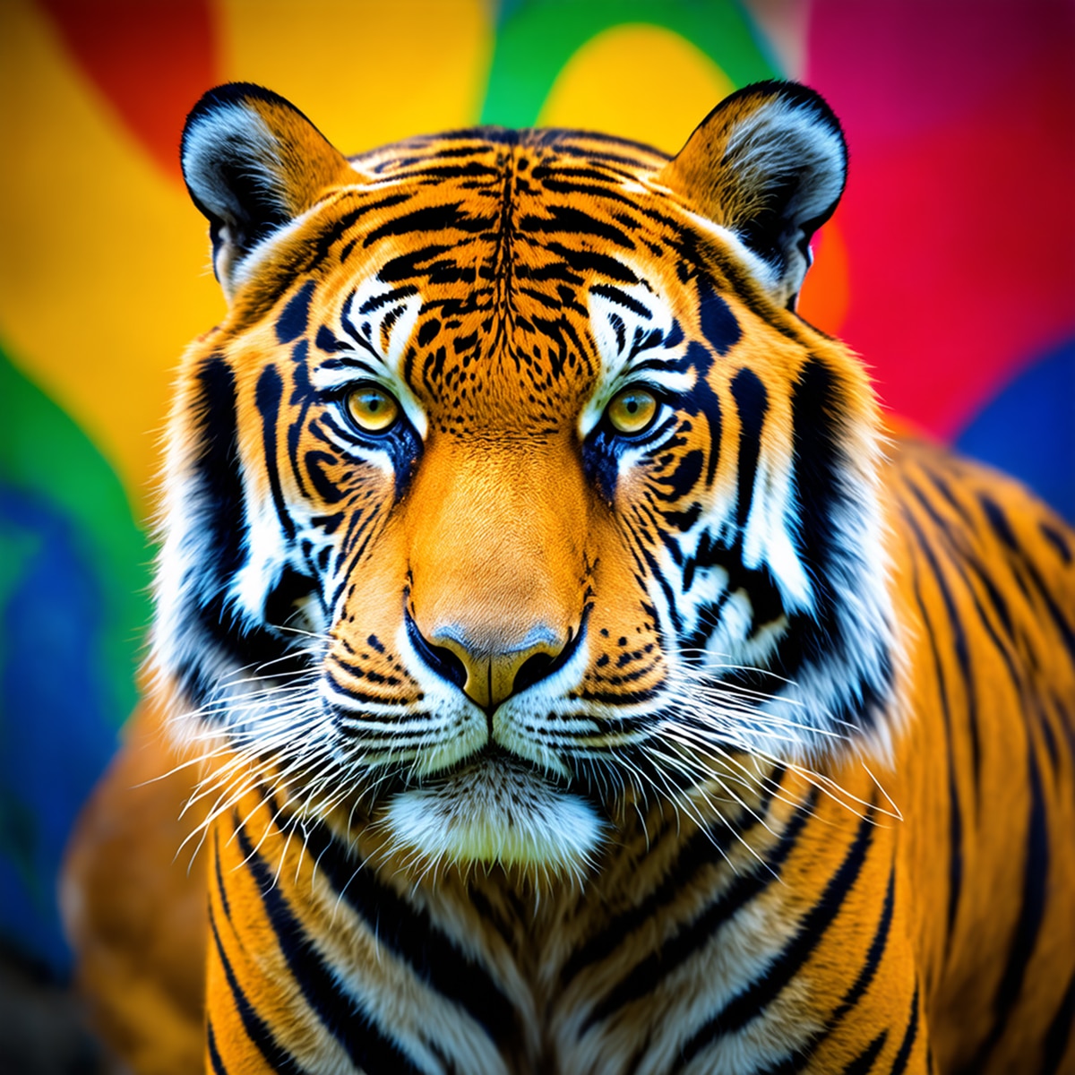 Close-up of tiger face with sharp stripes against colorful red, yellow, green, and blue background.