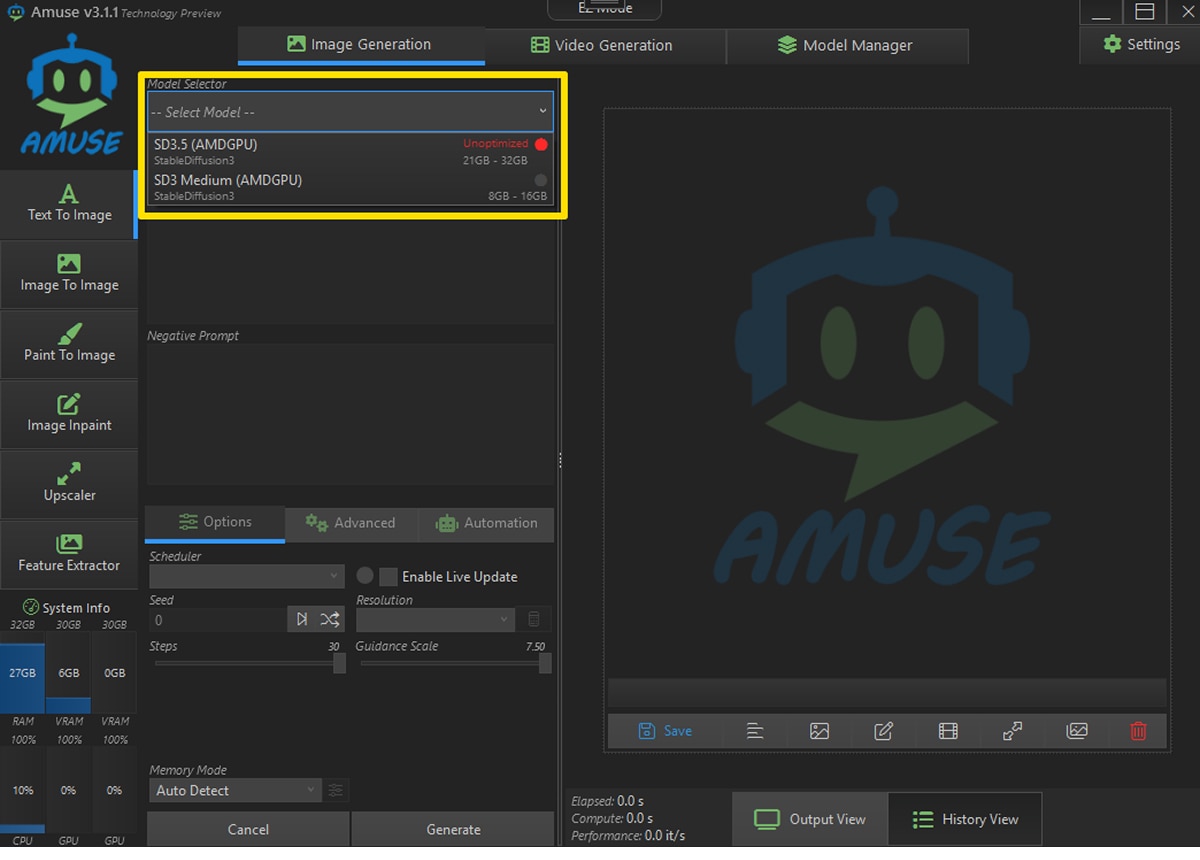 Amuse Generate interface showing model selector for SD3.5 and SD3 Medium with memory requirements highlighted.