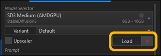 Close-up of model selector showing SD3 Medium (AMDGPU) with Load button highlighted in yellow.