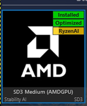 AMD logo with labels Installed, Optimized, RyzenAI; text reads SD3 Medium (AMDGPU), Stability AI, SD3.