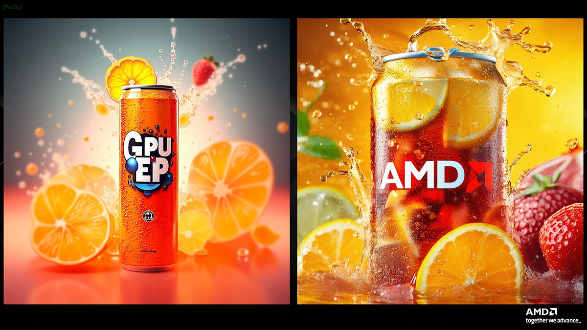 Side-by-side cans, left labeled GPU EP with orange slices, right AMD can with fruit splash in bright orange tones.