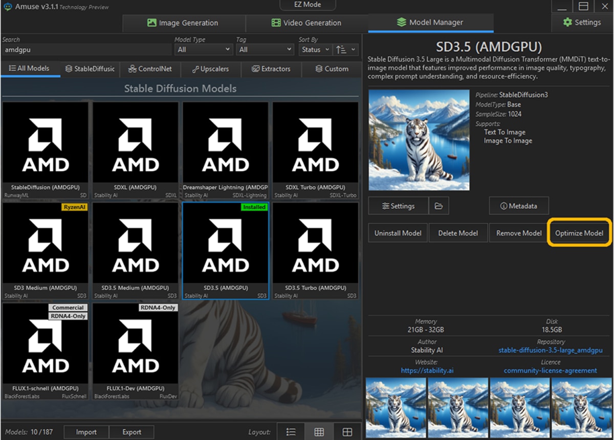 Stable Diffusion model manager showing SD3.5 AMDGPU installed with tiger preview and optimize model button.