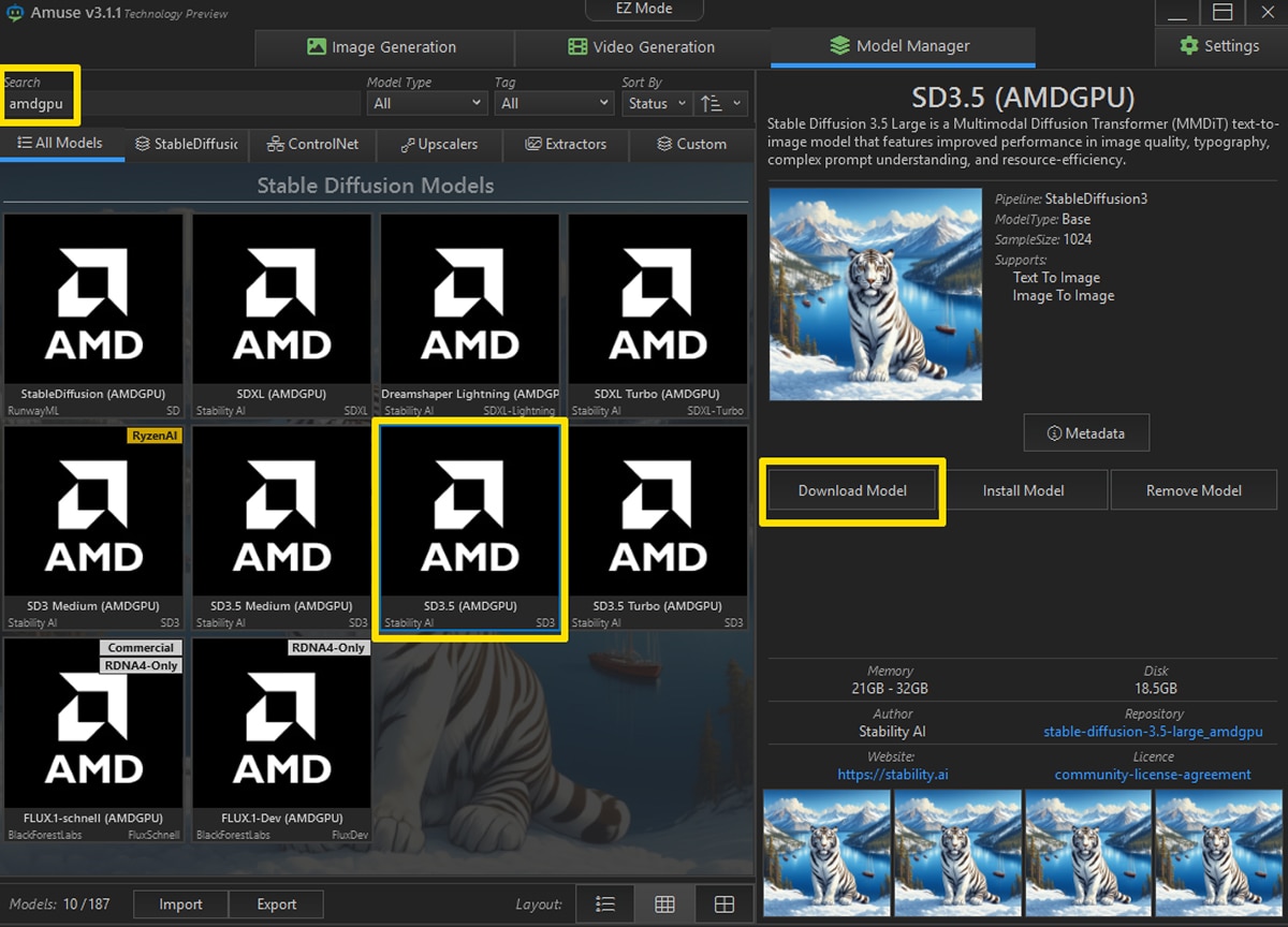 Stable Diffusion model manager showing SD3.5 AMDGPU with download model button and tiger image preview.