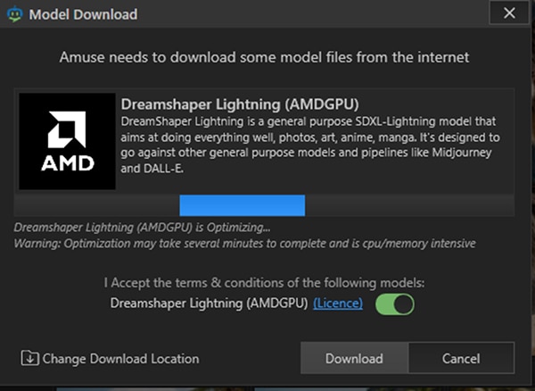 Model download window showing Dreamshaper Lightning AMDGPU optimization in progress with blue progress bar.