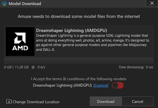 Model download dialog for Dreamshaper Lightning AMDGPU showing size 11.20GB with download and cancel buttons.