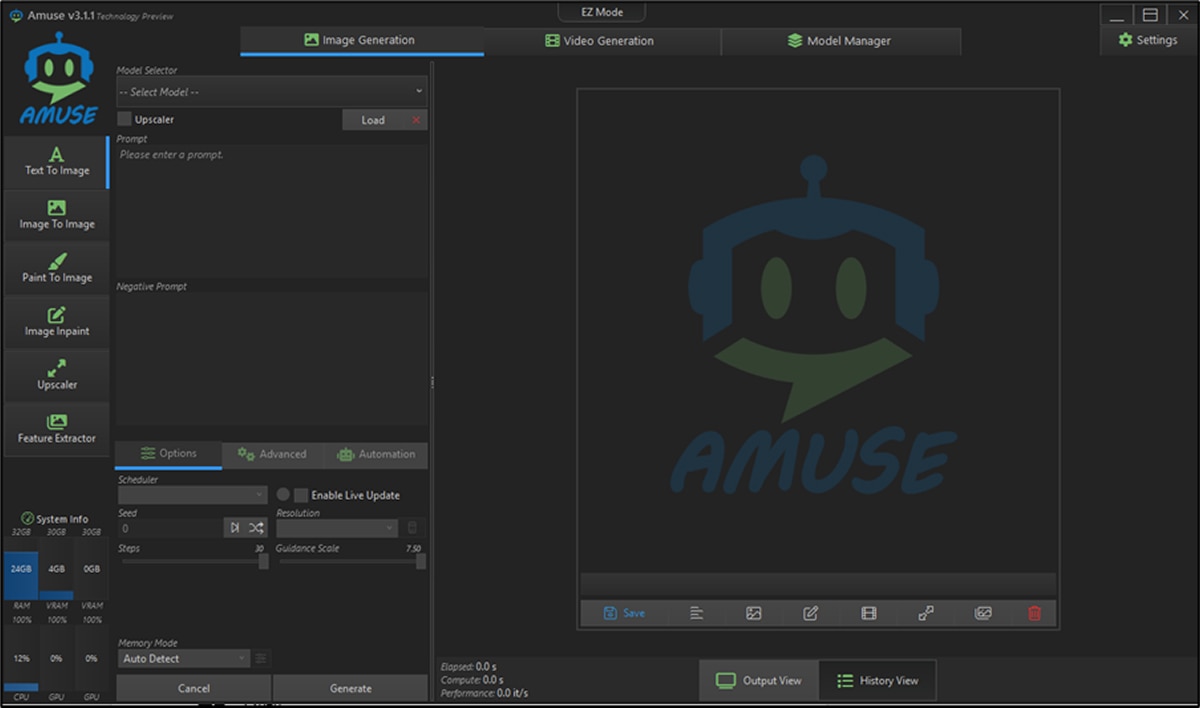 Amuse v3.1.1 interface showing text-to-image, image-to-image, paint, inpaint, upscaler, and feature extractor options.
