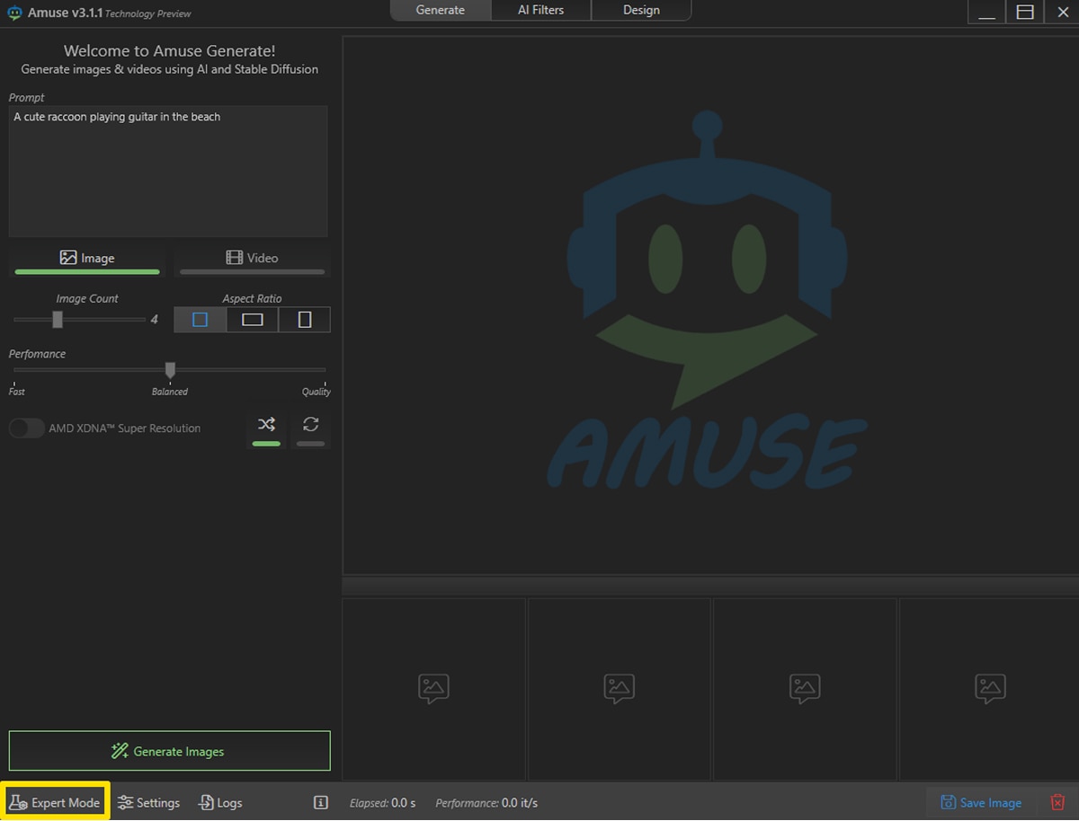 Amuse Generate interface showing text prompt, image and video options, performance slider, and Expert Mode highlighted.
