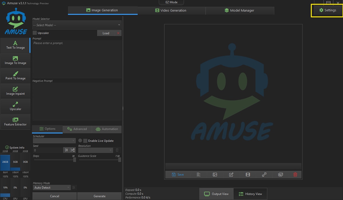 Amuse Generate settings panel with model selector, text-to-image, upscaler, system info, and Generate button.