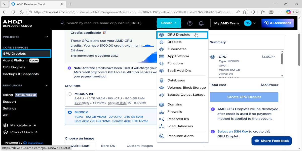 Figure 2: Creating an AMD Developer Cloud GPU Droplet with MI300X