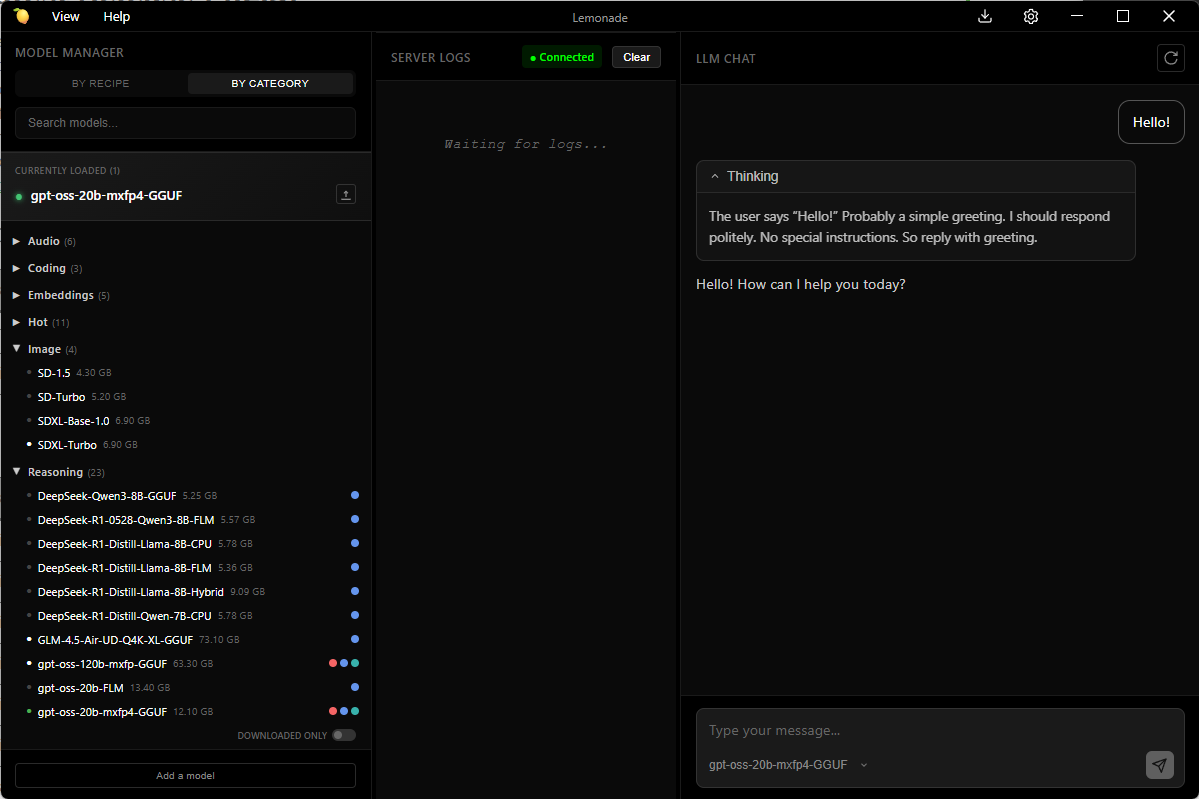 Screenshot of the Lemonade App with an LLM loaded
