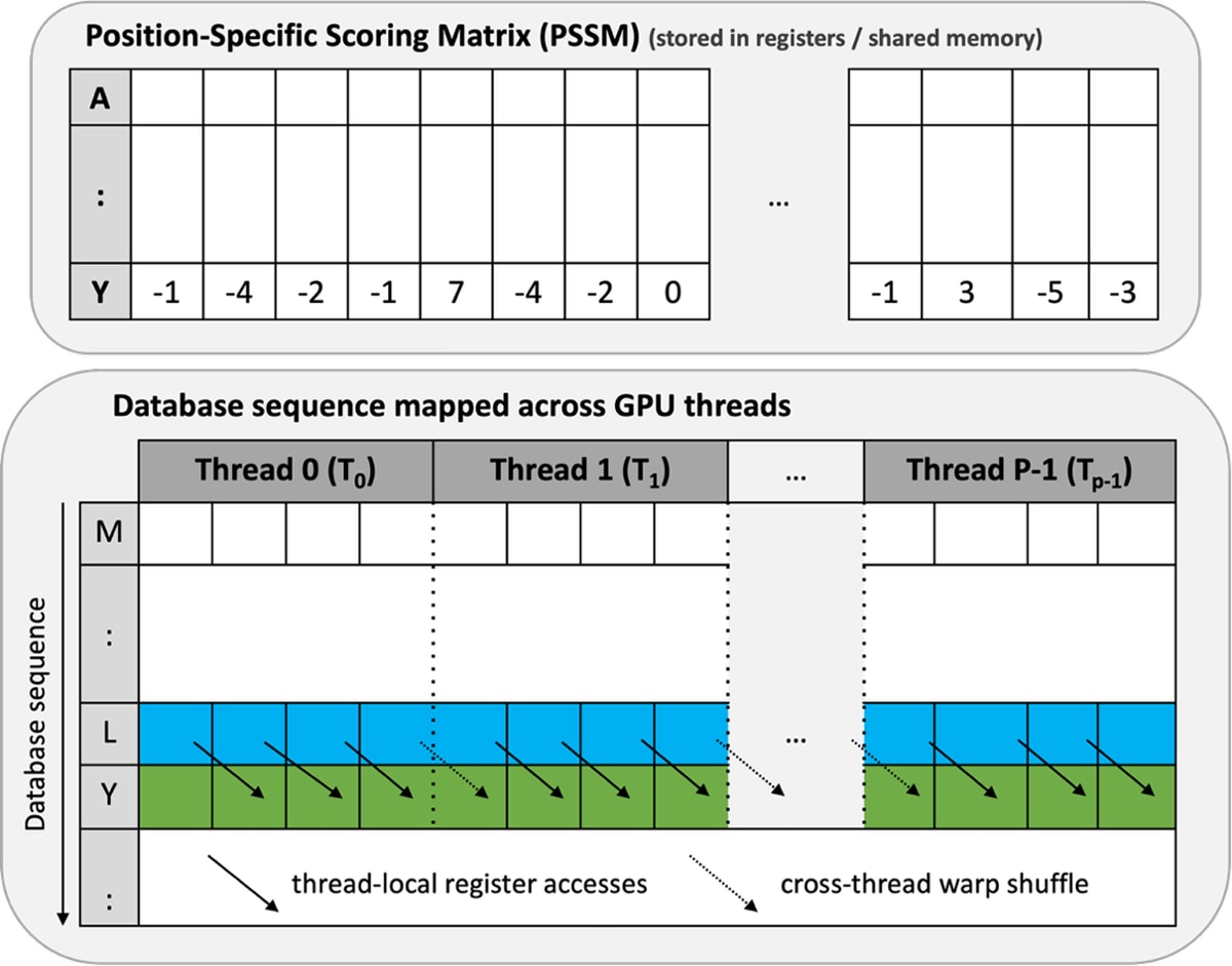 PSSM local data store diagram showing database sequence processing, thread-local register accesses, and warp shuffles.