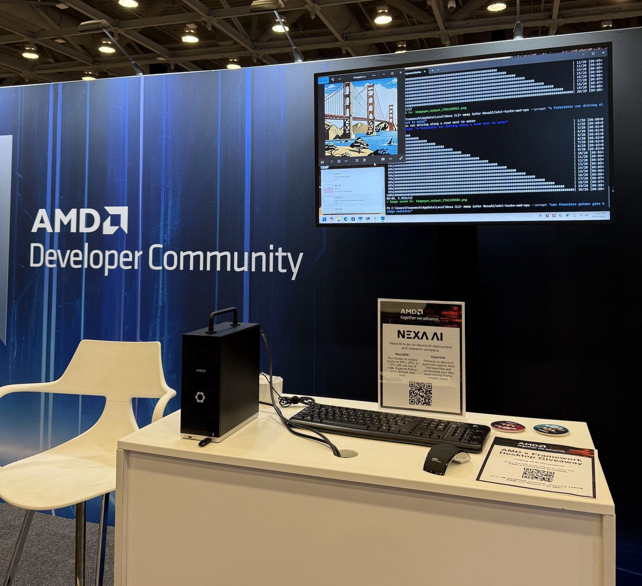 Photo of the AMD Booth at PyTorch Conference 2025 showing the image generation demo on Ryzen AI 395+ Framework Desktop