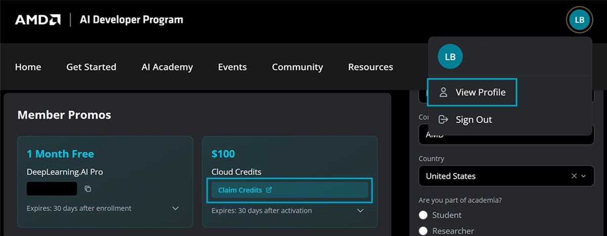Figure 1 AMD AI Developer Program Member Site Landing Page 
