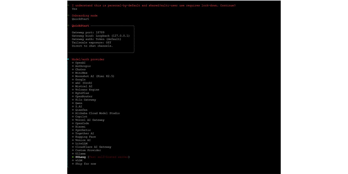 Figure 4: OpenClaw CLI onboarding showing model provider 