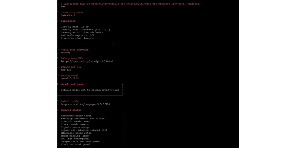 Figure 5: OpenClaw CLI onboarding showing SGLang config 