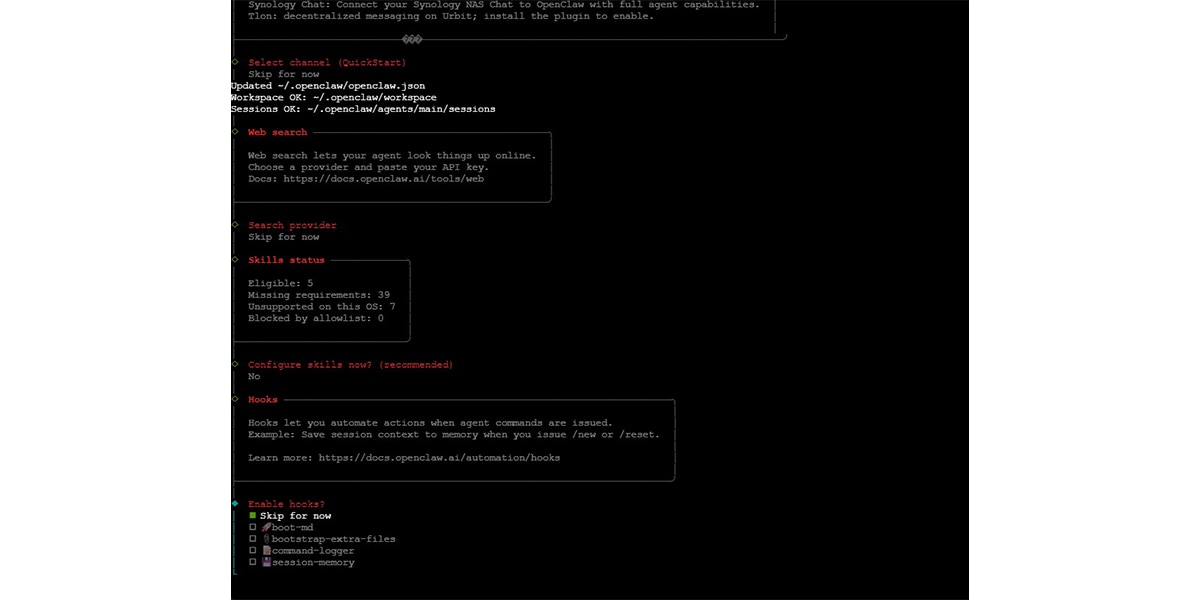OpenClaw onboarding prompts for optional features such as chat channels, web search, and agent skills