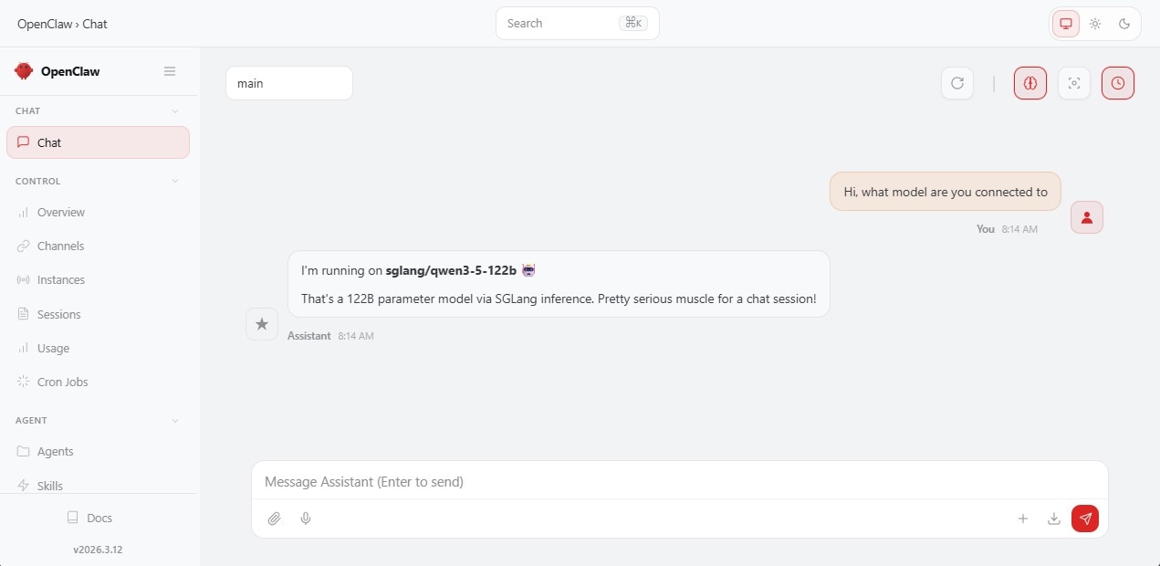 OpenClaw dashboard showing successful connection to our model 