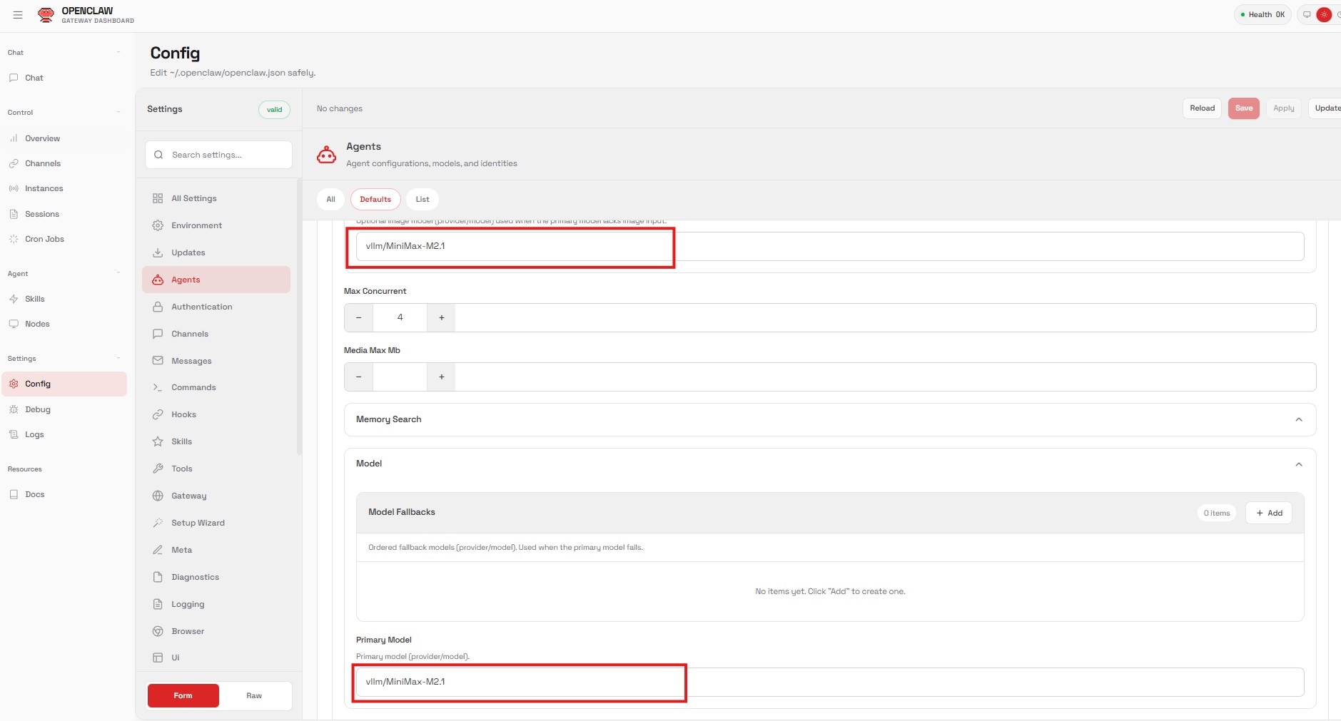 Figure 6 OpenClaw Agent Primary Model Selection 