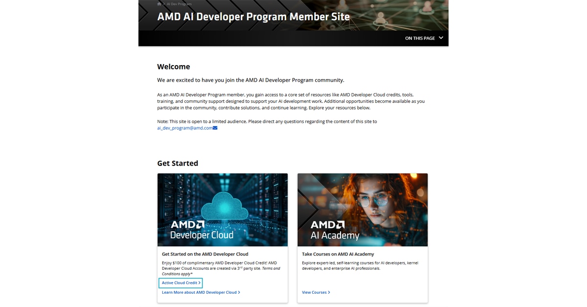Figure 1 AMD AI Developer Program Member Site Landing Page 