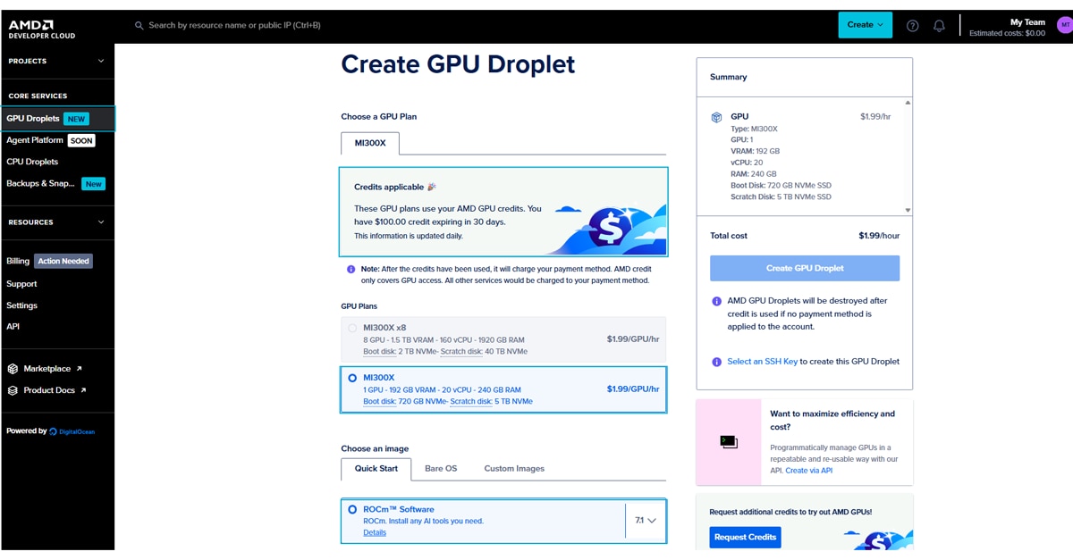 Figure 2 Creating an AMD Developer Cloud GPU Droplet with MI300X 