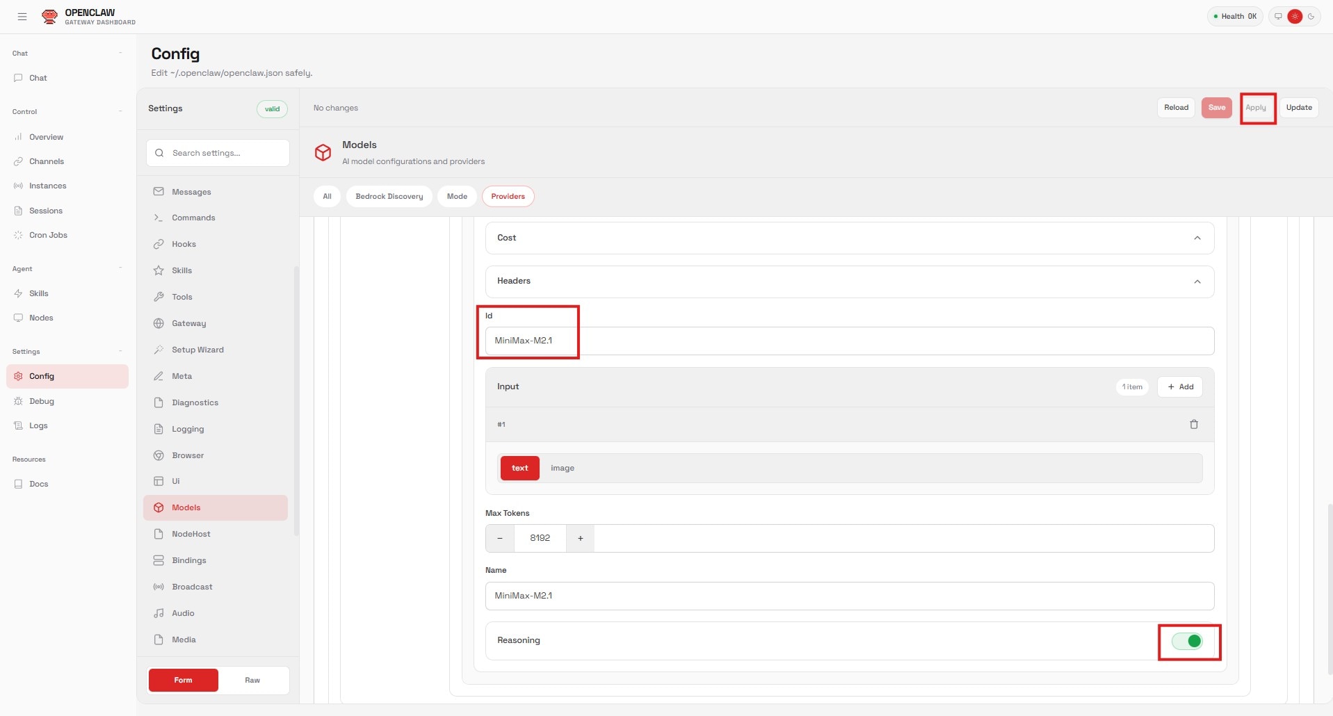 Figure 5 OpenClaw Model ID and Reasoning Definition for MiniMax-M2.1 