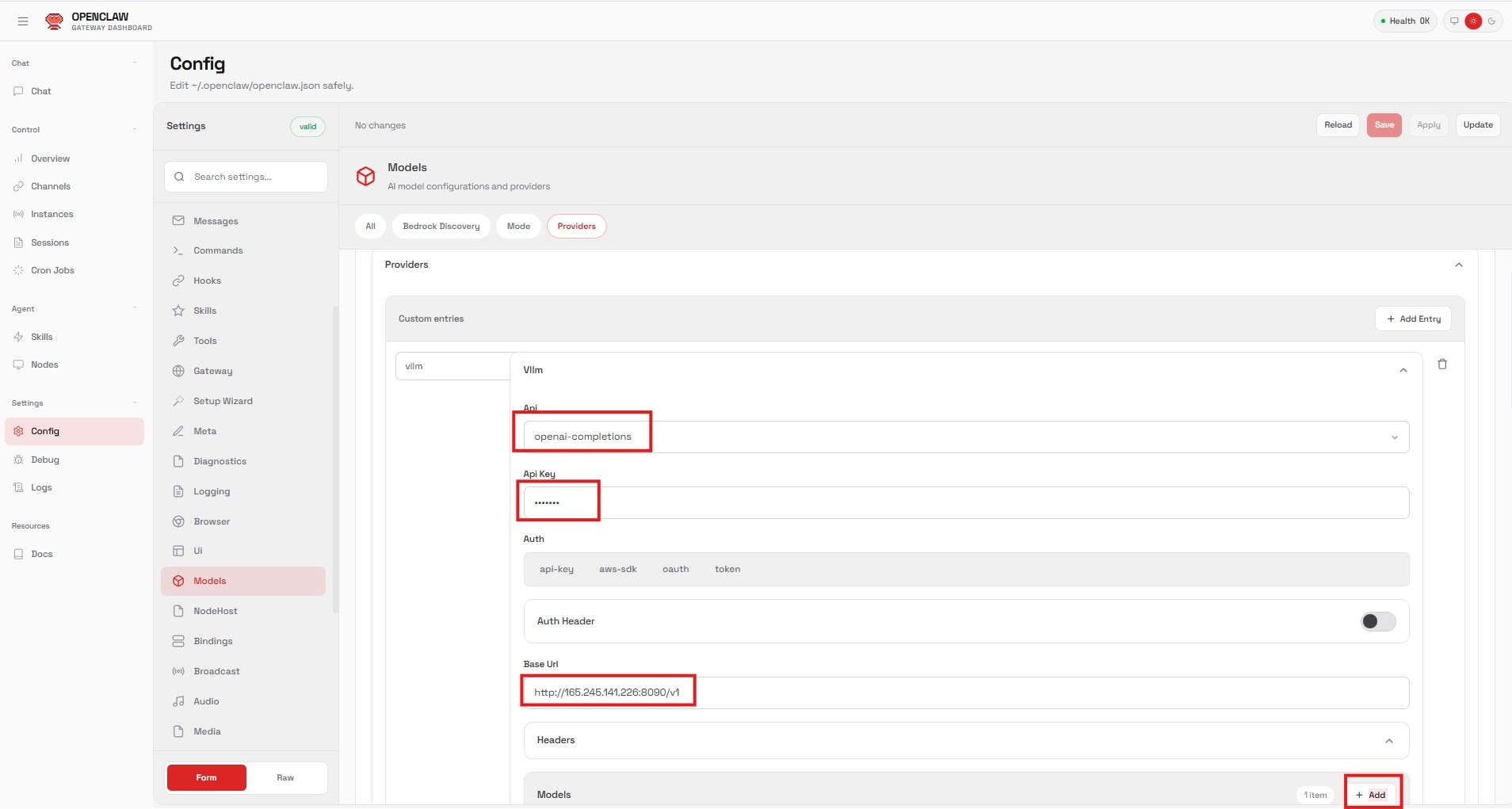 Figure 3 OpenClaw Model Provider Configuration for vLLM 