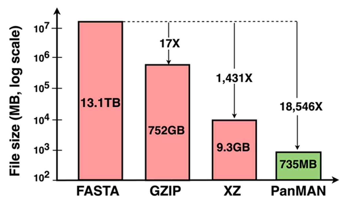 Log-scale bar chart of file size (MB): FASTA 13.1TB, GZIP 752GB (17X smaller), XZ 9.3GB (1,431X), PanMAN 735MB (18,546X).