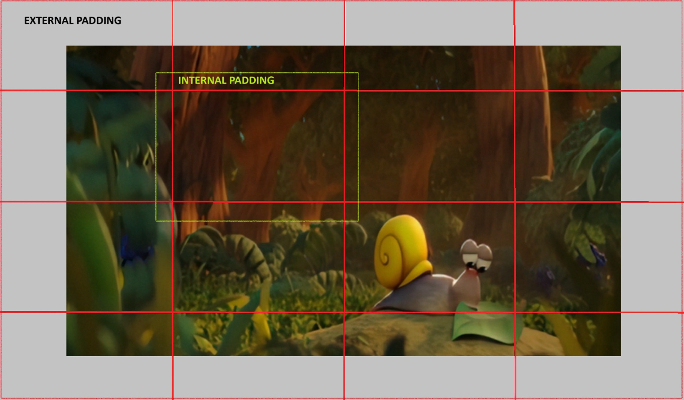 Figure 9: Visualization of tiling strategy with both external padding (in grey) to ensure uniform tile sizes, and internal padding (highlighted in yellow) to avoid edge artifacts in convolutions—critical for seamless reassembly after tiled inference.