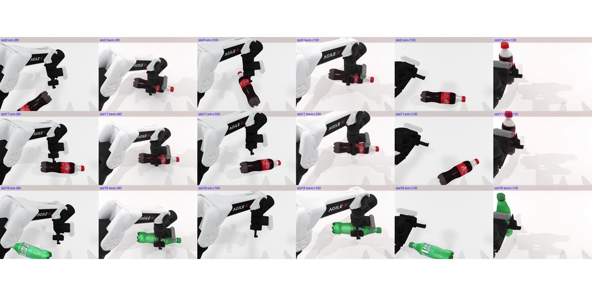 Figure 1: three simulator failures (one per row) at commands 80, 100 and 130; at each time step the left frame is the simulator and the right is BWM. In the simulator the gripper misses or knocks the bottle over and the bottle ends up lying on the table; given the same commands, BWM draws the bottle being held, lifted and set upright.