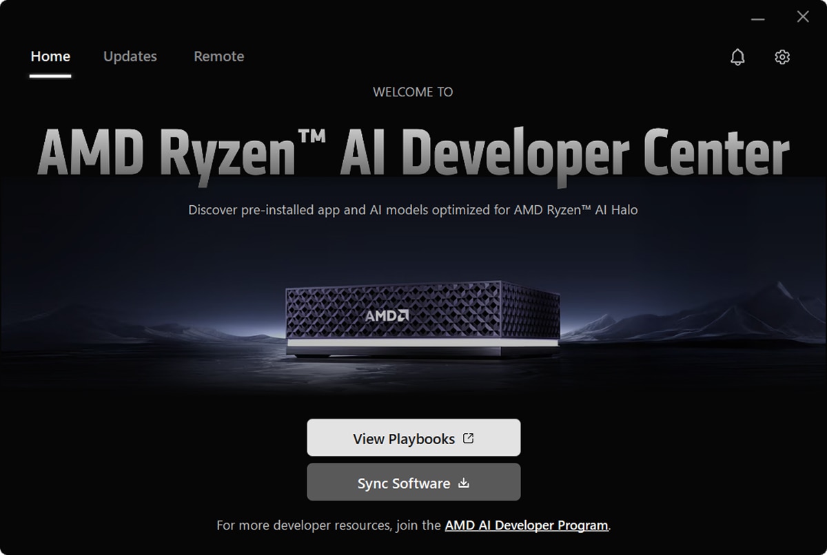 AMD Ryzen AI Developer Center home screen shows AI Halo mini PC, Home, Updates, Remote, View Playbooks and Sync Software.